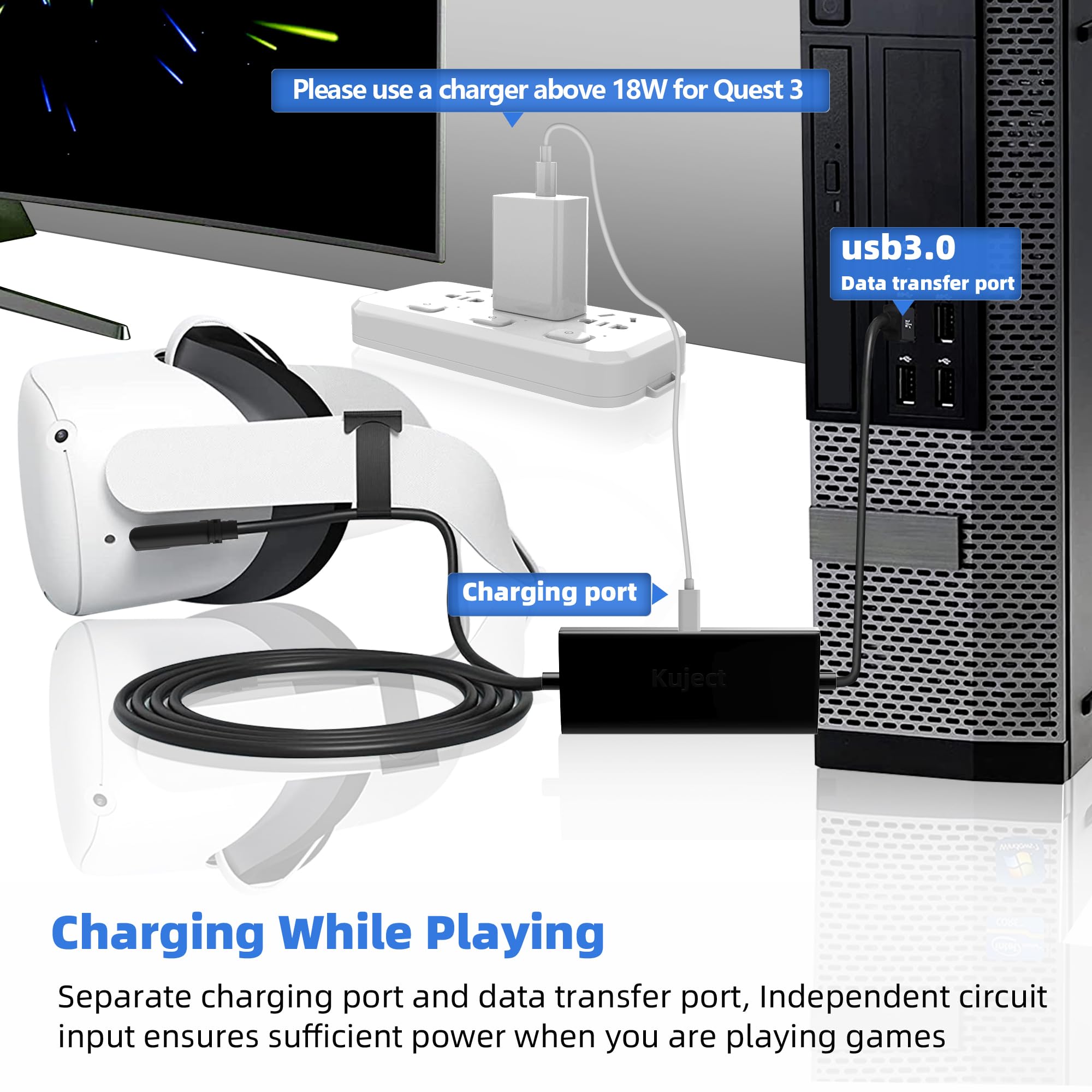 Kuject Design 16Ft Link Cable For Quest 3S/3, Quest 2 And Quest Pro, With Separate Charging Port For Uninterrupted Power, Usb 3.